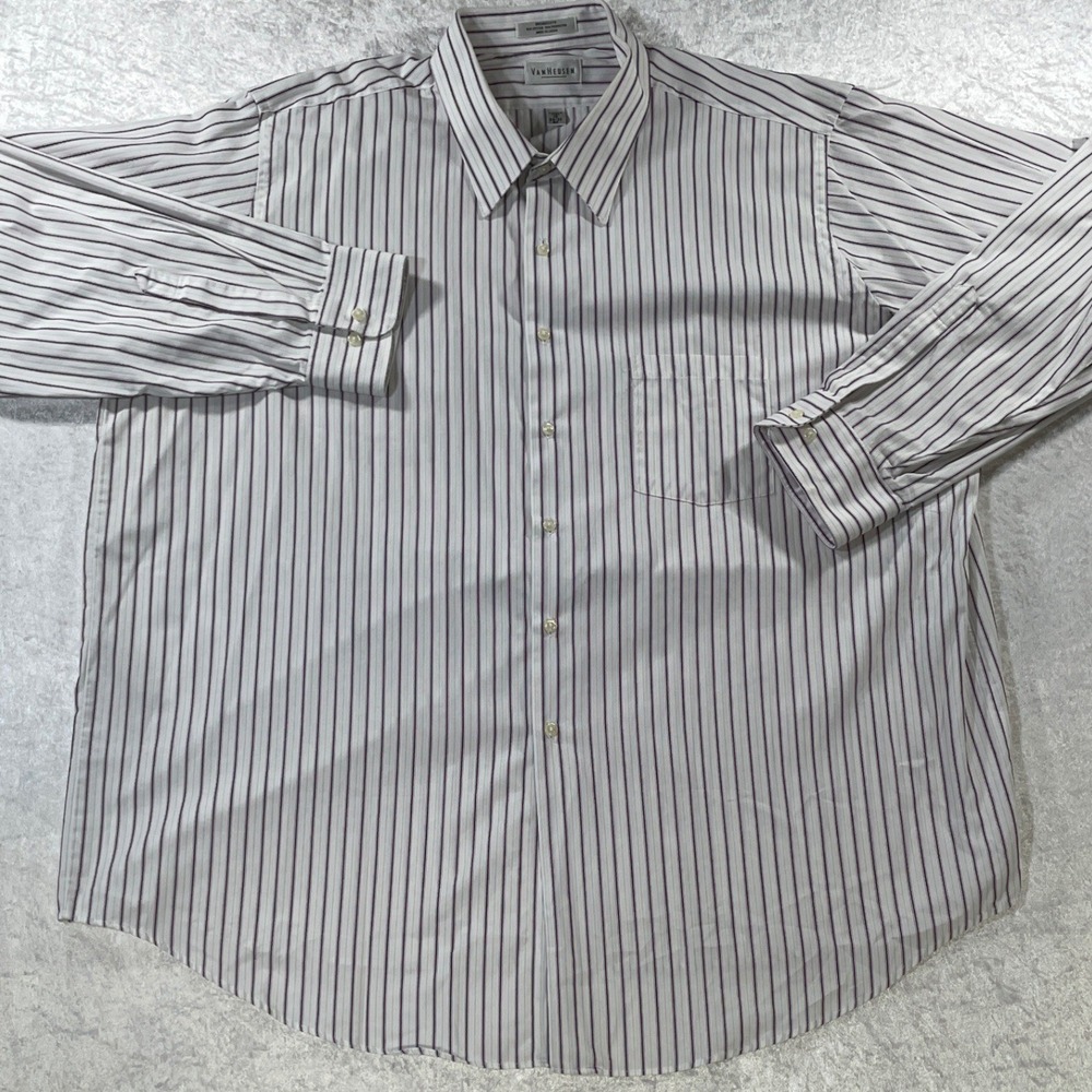 Van Heusen Button Down Men 19 34/35 Big White Burgundy Excellent Striped Shirt